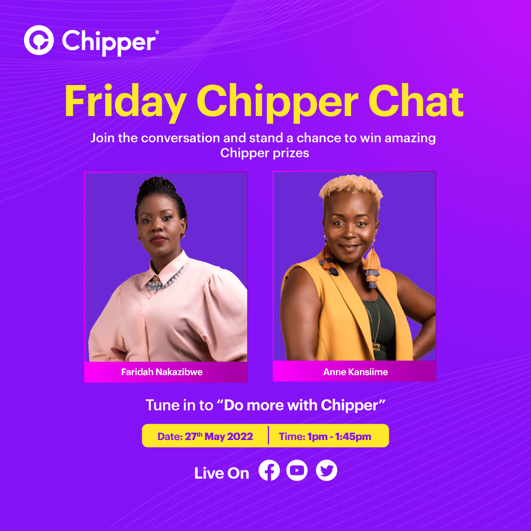 chippercashapp's tweet photo. Tomorrow, Friday at 1 PM EAT we have a date with you! 😍 Join us for the "Do more with Chipper" live session hosted by @fsnakazibwe and @Kansiime256 Lots of prizes to be won! #ChipperChat https://t.co/B9Y62NVxvA