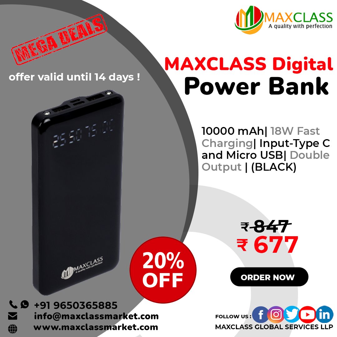 maxclasservices's tweet photo. MAXCLASS Digital Power Bank |10000 mAh| 18W Fast Charging| Input-Type C and Micro USB| Double Output | (BLACK)
SHOP NOW : https://t.co/ceuflSyKi1
+91 9650365885
#powerbank #maxclass #Sellonline #maxclassmarket #sellonmaxclassmarket
#AwesomeDeal #MegaDeals #digitalpowerbank https://t.co/w8qvgXxaSf