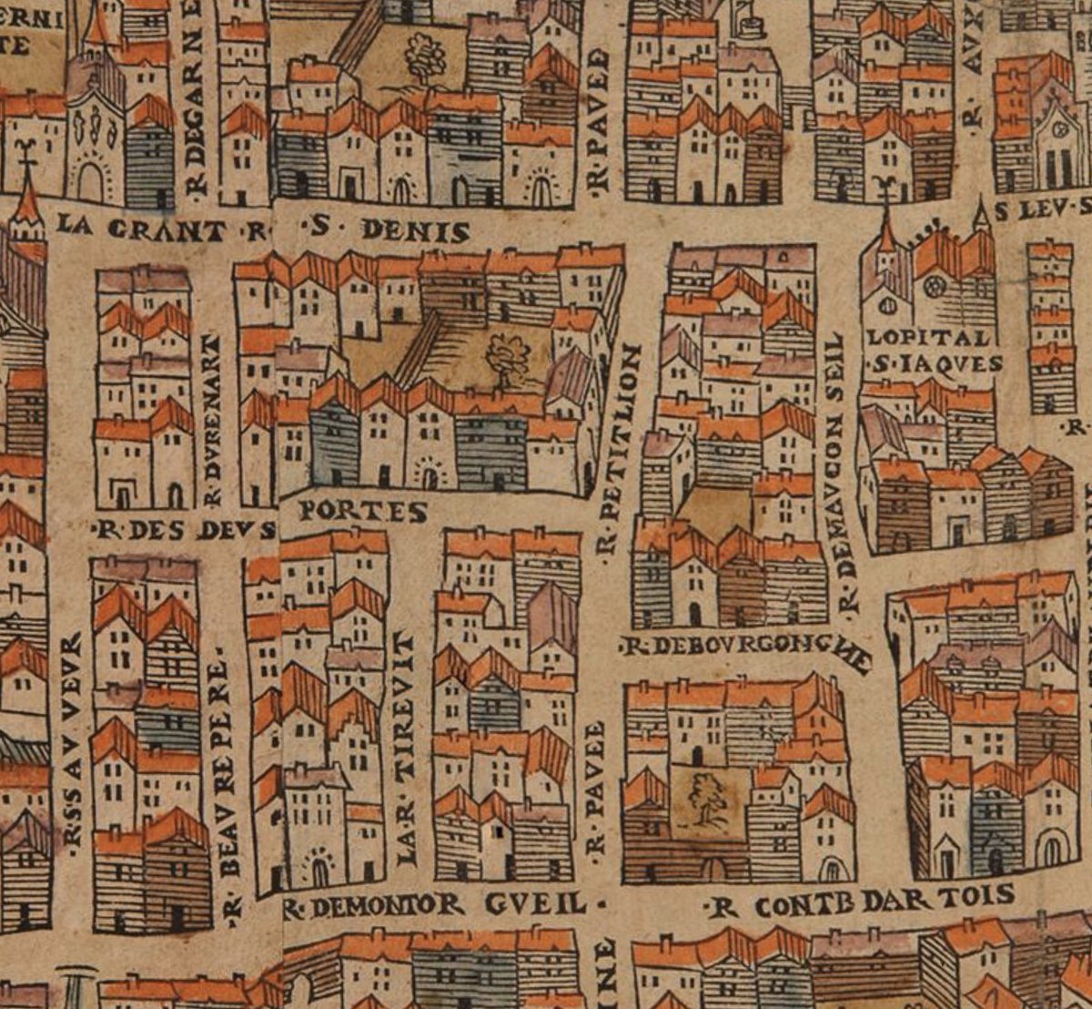 fred_manfrin's tweet photo. Paris en 1552. Connu en un exemplaire unique, conservé à Bâle, voici le plan de Olivier Truschet et Germain Hoyau, deux graveurs de la rue Montorgueuil. Quand la rue Marie-Stuart s’appelait encore rue Tirevit (on comprend vite l’activité particulière des commerçantes 😉) ⤵️ https://t.co/ZAZCkTaqJF