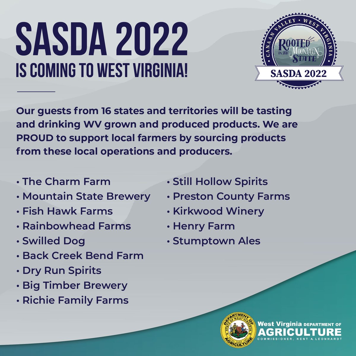WVDeptofAg's tweet image. We are so excited to be hosting #SASDA! Our guests will get a real taste of what Mountain State agriculture is all about! @NASDAnews