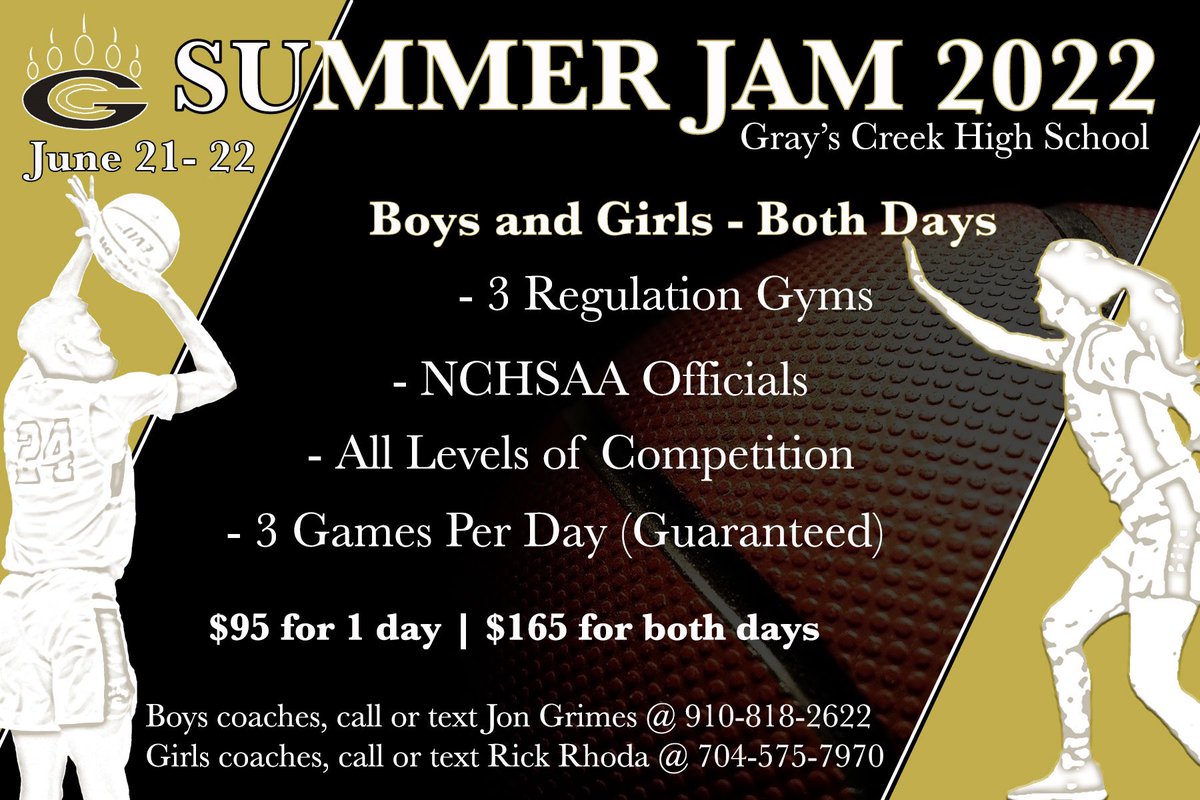 gcbearssports's tweet photo. Announcement

The Gray’s Creek Summer Jam is returning for the 2nd year in a row!

Happening June 21-22 at Gray’s Creek High &amp; Middle School

For updates, follow the account @GCSummerJam

Media: Go check out @TheBradyFitch for media https://t.co/e40eM62ziD