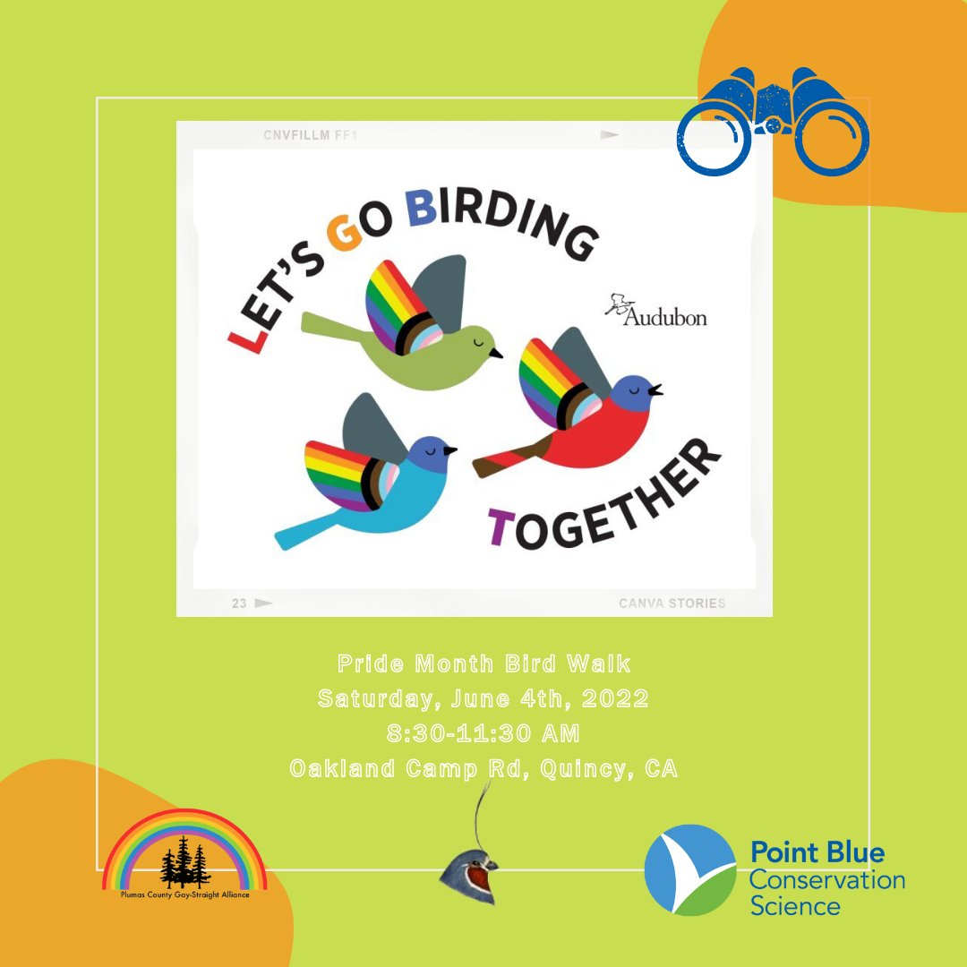 Let's Go Birding Together! Join #PlumasAudubonSociety, @PointBlueConSci and #PlumasCounty #GayStraightAlliance for our second annual #pridemonth #birdwalk. Register using the link: ow.ly/yoXe50JiaOp More info for this event on our FB: facebook.com/events/1844854…