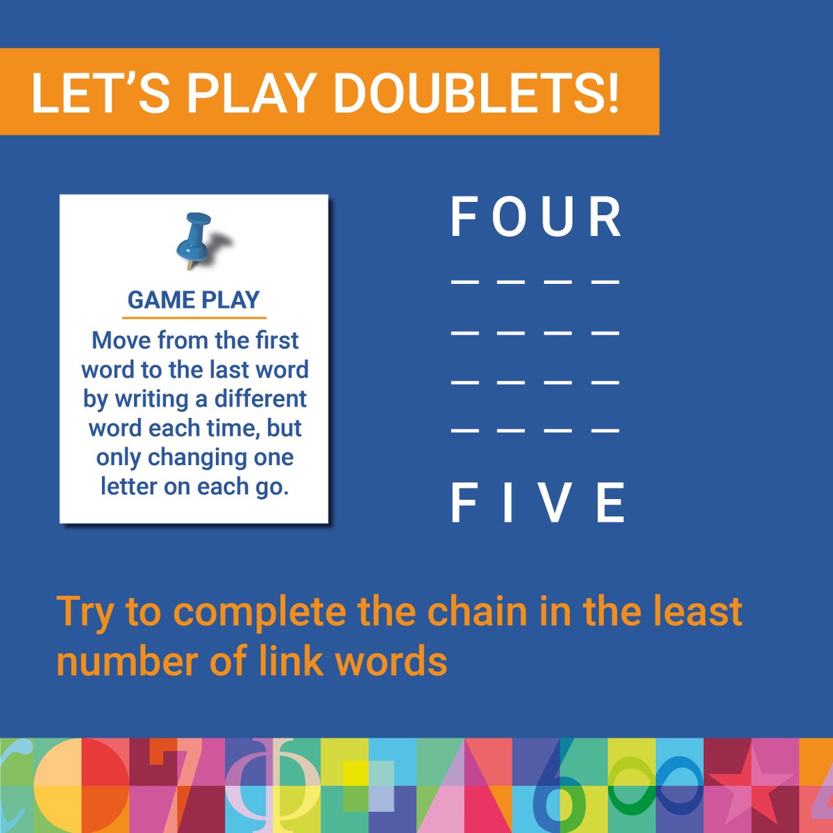 MathsCityLeeds's tweet photo. Anyone obsessed with Wordle?! ๐
Try playing Doublets, a brilliant game invented by Lewis Carroll!
Have a go at moving from FOUR to FIVE - how many link words does it take you to complete the chain? We got it with six link words...
#Puzzle #Words #Wordle #Game #Doublets https://t.co/MYctFWCcBs