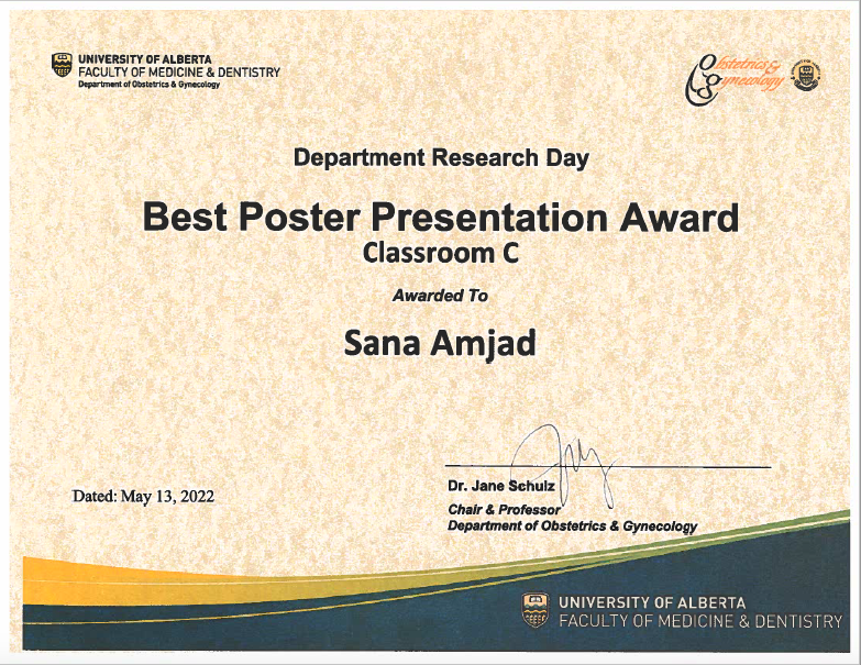 Sana Amjad (@sana_amj) on Twitter photo Happy to receive the best poster presentation award at the Department of Obstetrics and Gynecology Research Day 2022. Special thanks to my co.authors <a href="/MariaBOspina/">Maria B. Ospina 🇨🇴🇨🇦🌎</a> <a href="/Beaganboo/">Reagan Bartel</a> <a href="/APEAL_Lab/">Ian Colman</a> and <a href="/AlbertaMetis/">Métis Nation Alberta</a> <a href="/CRC_CRC/">吃人陈</a> <a href="/WCHRIUofA/">Women & Children's Health Research Institute</a> <a href="/abwomenshealth/">Alberta Women’s Health Foundation</a> <a href="/UAlberta_FoMD/">UAlberta Med & Dent</a> for their support! Happy to receive the best poster presentation award at the Department of Obstetrics and Gynecology Research Day 2022. Special thanks to my co.authors <a href="/MariaBOspina/">Maria B. Ospina 🇨🇴🇨🇦🌎</a> <a href="/Beaganboo/">Reagan Bartel</a> <a href="/APEAL_Lab/">Ian Colman</a> and <a href="/AlbertaMetis/">Métis Nation Alberta</a> <a href="/CRC_CRC/">吃人陈</a> <a href="/WCHRIUofA/">Women & Children's Health Research Institute</a> <a href="/abwomenshealth/">Alberta Women’s Health Foundation</a> <a href="/UAlberta_FoMD/">UAlberta Med & Dent</a> for their support!