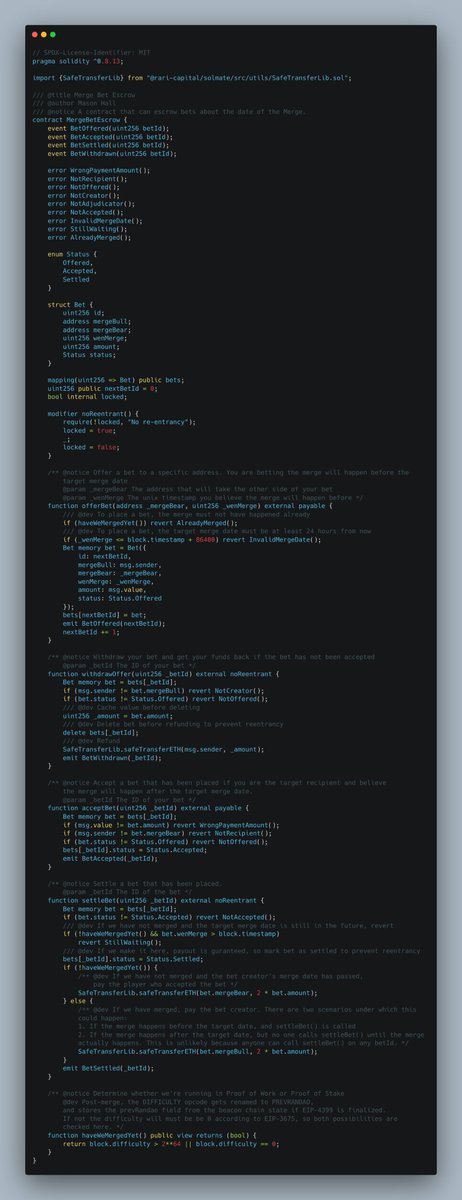 0xMasonH's tweet photo. A smart contract that lets you bet with your friends on when the merge will happen. No oracle or adjudicator required 😎 https://t.co/jbdkalfcAg