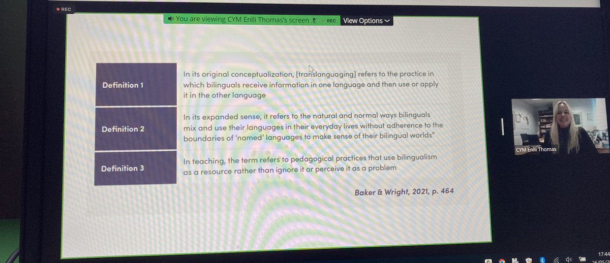 Carys Swain 🏴🇪🇺 (@csrevans) on Twitter photo What is translanguaging? ‘In teaching, the term refers to pedagogical practices that use bilingual as a resource rather than ignore it or perceive it as a problem’
Insightful and timely lecture <a href="/EnlliMon/">Enlli Thomas</a> on ‘Education, the pandemic and Welsh’ 🙌 What is translanguaging? ‘In teaching, the term refers to pedagogical practices that use bilingual as a resource rather than ignore it or perceive it as a problem’
Insightful and timely lecture <a href="/EnlliMon/">Enlli Thomas</a> on ‘Education, the pandemic and Welsh’ 🙌