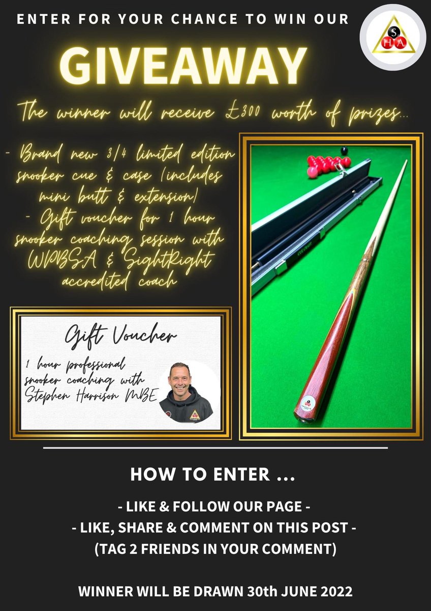⭐️ENTER OUR FIRST EVER COMPETITION⭐️
The winner of the giveaway will recieve...
• A brand new, limited edition snooker cue and case worth £250
• Gift voucher for a 1 hour intensive snooker coaching session with WPBSA and SightRight accredited coach Stephen Harrison MBE.