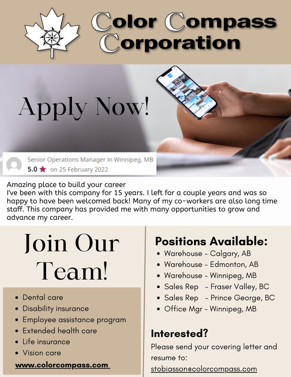 ColorCompass's tweet image. We are growing all across Canada!  If you or someone you know interested in joining a great team, reach out to Shantel at stobiasson@colorcompass.com .