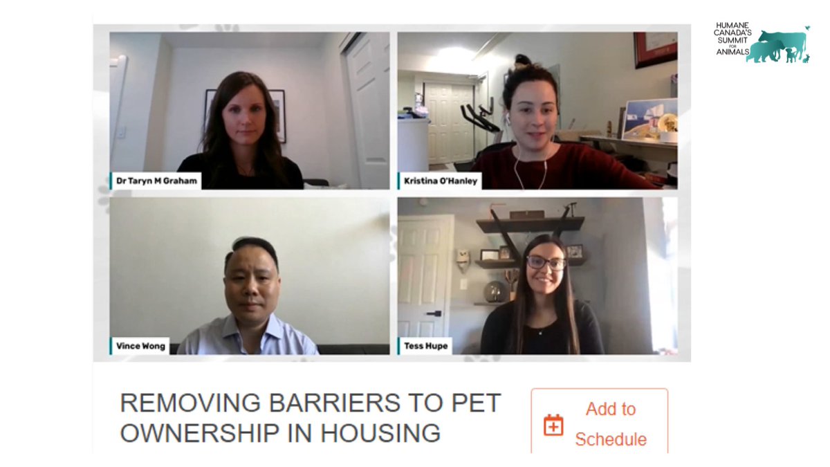 The #SummitForAnimals continues this week. Streaming live w <a href="/TarynMGraham/">DrTarynMGraham</a>, Vince Wong of <a href="/FoundAnimalsOrg/">Michelson Found Animals</a> &amp; Tess Hupe from <a href="/UofDenver/">University of Denver</a>'s Insitute for Human-Animal Connection on the topic of the housing crisis &amp; how it pertains to pet guardians. Register: humanecanada.swoogo.com/summit/