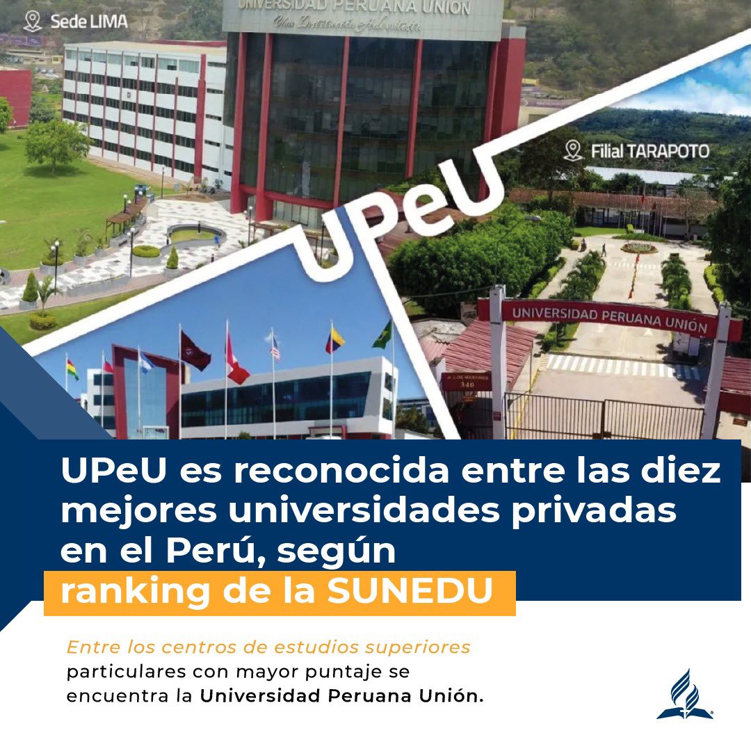 AdventistasUPN's tweet photo. 📢 ¡Qué buena noticia! 🤩 La Sunedu presentó el "Ranking de Excelencia 2021", en el cual la UPeU se ubica dentro de las 10 mejores universidades privadas del país. 🇵🇪 

#UPeUTop10 @SuneduPeru

Lee la nota aquí 👇🏼
➡️ https://t.co/s19XaR9nXA https://t.co/GTPbU866JH