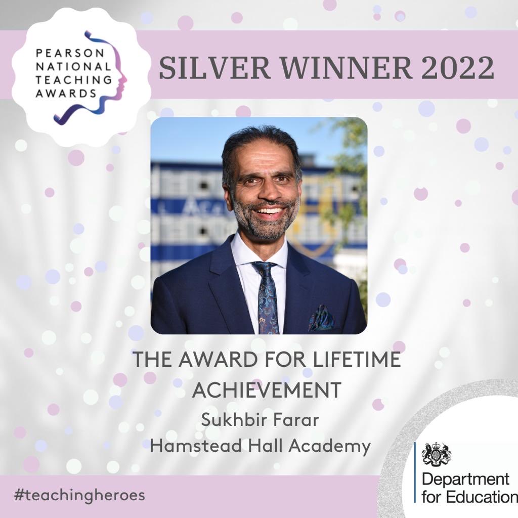 Hamstead_hall's tweet photo. Congratulations to our inspirational Mr Farar. Silver winner 2022 for Lifetime achievement. ⁦@educationgovuk⁩ #teachingheroes #ThankATeacherDay https://t.co/PYOprIyIPb