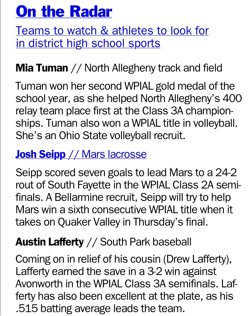 This week’s <a href="/PGVarsityXtra/">PG Varsity Xtra</a> On the Radar featuring North Allegheny’s Mia Tuman, Mars’ Josh Seipp and South Park’s Austin Lafferty.