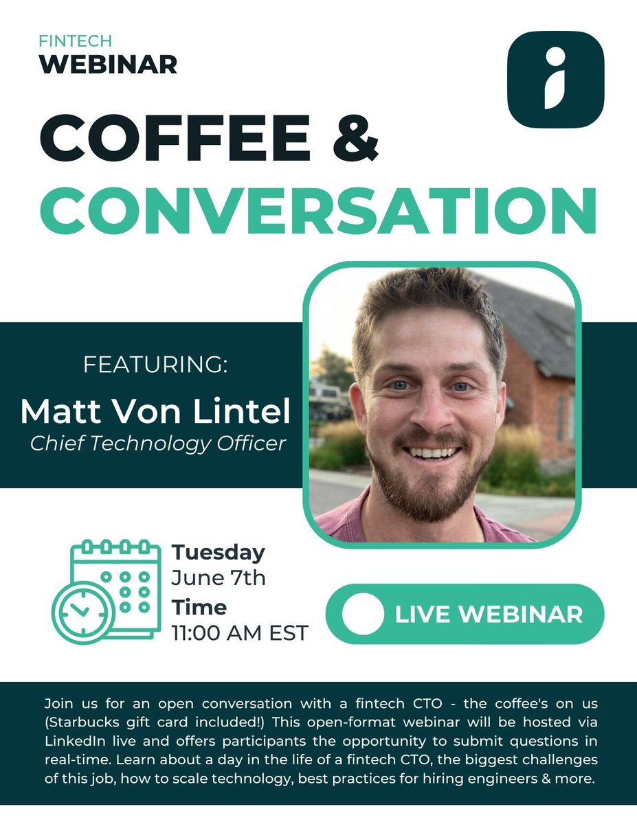 intrinio's tweet photo. Have you registered yet? You don't want to miss this open-format conversation with a fintech CTO! Register now at:
https://t.co/OQ9WWWPAII
#events #coffeeandconversation #webinar #live #cto #ceo #engineer #developer #register #freecoffee #fintech #data https://t.co/cuqKiNvOWf