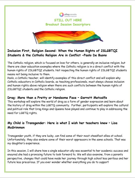PFLAGDurham's tweet photo. Join us for our second annual Virtual Conference - Still Out Here June 15, 6:00-8:30 PM. Register here https://t.co/NpfuAK3jb4 and see attached session descriptions @SCDSB_Schools @DDSBSchools @SMCDSB @egalecanada @pflagcanada great learning and networking https://t.co/rVRW9KiYmY