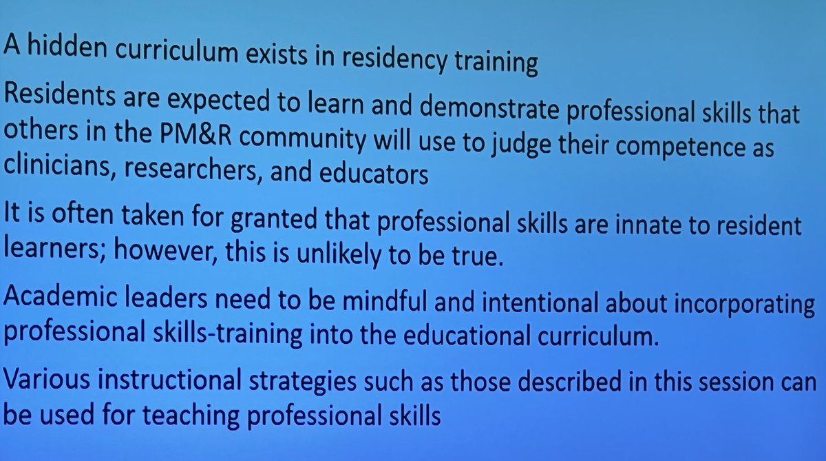 Excellent presentation on Unveiling the Hidden Curriculum in residency training at #Physiatry22! Thanks for sharing your knowledge, @LauraMalmutMD @leslierydberg @EricWisotzkyMD @EmilyKivlehanMD