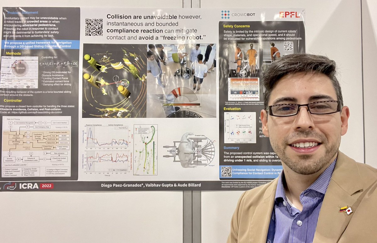 Diego F. Paez (@drdiegopaez) on Twitter photo Today, it was exciting to present our work (<a href="/CrowdbotP/">CrowdBot EU-Project</a> ) on contact aware #autonomousrobots navigation around people at <a href="/ieee_ras_icra/">IEEE ICRA</a>
Using Force sensors <a href="/BotaSystems/">Bota Systems</a> on #qolo
The full paper and videos here:
lnkd.in/eVgGC5N6 Today, it was exciting to present our work (<a href="/CrowdbotP/">CrowdBot EU-Project</a> ) on contact aware #autonomousrobots navigation around people at <a href="/ieee_ras_icra/">IEEE ICRA</a>
Using Force sensors <a href="/BotaSystems/">Bota Systems</a> on #qolo
The full paper and videos here:
lnkd.in/eVgGC5N6