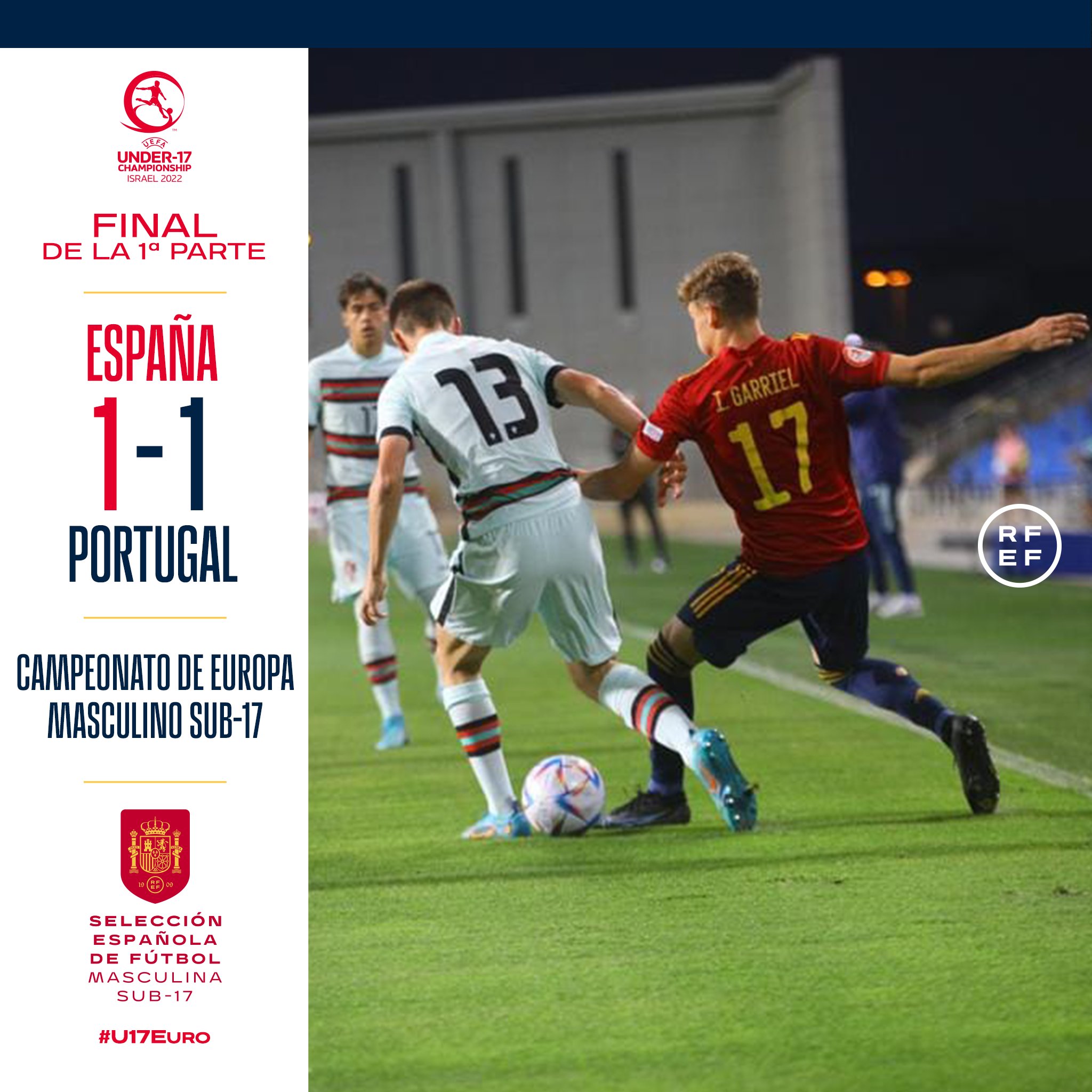 Selección Española de Fútbol on Twitter: "⏸️ a los vestuarios! ✖️ ¡Empate en el 🇪🇸 1 🆚 1 🇵🇹 | ⏱️45' 📺 @teledeporte #U17EURO https://t.co/6NxXvwqe8p" /