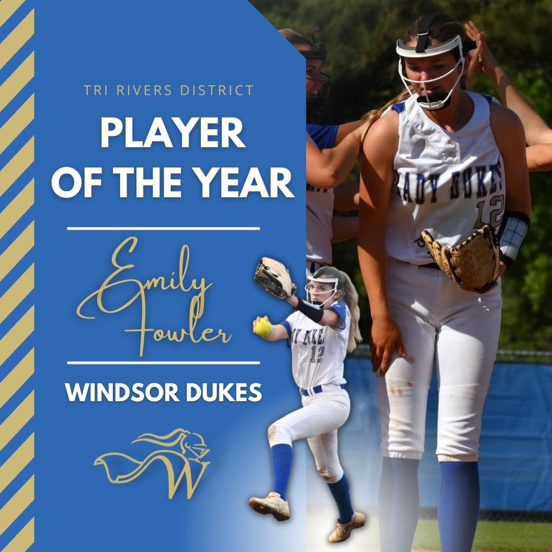 dukes_softball's tweet photo. Introducing PLAYER OF THE YEAR for the Tri Rivers District...Emily Fowler #12, Pitcher and OF. Congratulations! #royalblue #goldstandard #districtchamps ⚔️ https://t.co/VGkyPWTYlc