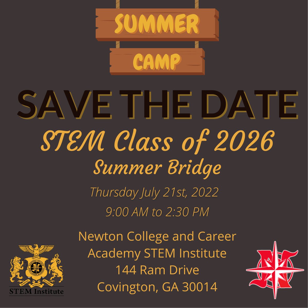 Incoming Class of 2026, Save the Date!!!!  STEM Summer Bridge will be on campus Thursday July 21st, 2022.  We are excited to welcome our newest members of the STEM family!  <a href="/NewtonCoSchools/">NCSS</a> <a href="/NCCA_Covington/">NCCA</a> <a href="/CEO_NCCA/">Chad Walker</a> @nccabiotech <a href="/ncca_tsa/">NCCA_TSA</a> <a href="/crenshaw_dr/">Dr. Mark Crenshaw</a> #MyNCCA