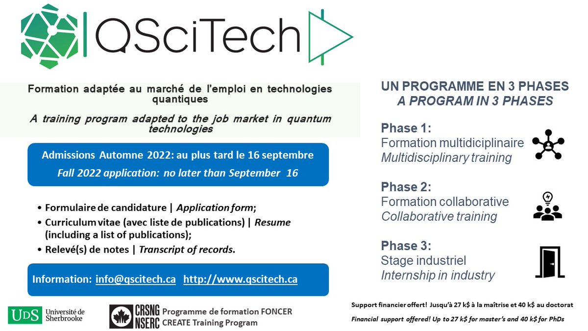 QSciTech (@qscitech) on Twitter photo 👩🎓👨🎓Futur.e.s étudiant.e.s et étudiant.e.s déjà embauché.e.s dans un groupe de recherche à UdS, UdeM, ULaval, Poly Montréal, Concordia University, McGill University, Simon Fraser University!!
Candidatures Automne 2022 - au plus tard le 16 septembre
ℹ️ info@qscitech.ca 👩🎓👨🎓Futur.e.s étudiant.e.s et étudiant.e.s déjà embauché.e.s dans un groupe de recherche à UdS, UdeM, ULaval, Poly Montréal, Concordia University, McGill University, Simon Fraser University!!
Candidatures Automne 2022 - au plus tard le 16 septembre
ℹ️ info@qscitech.ca