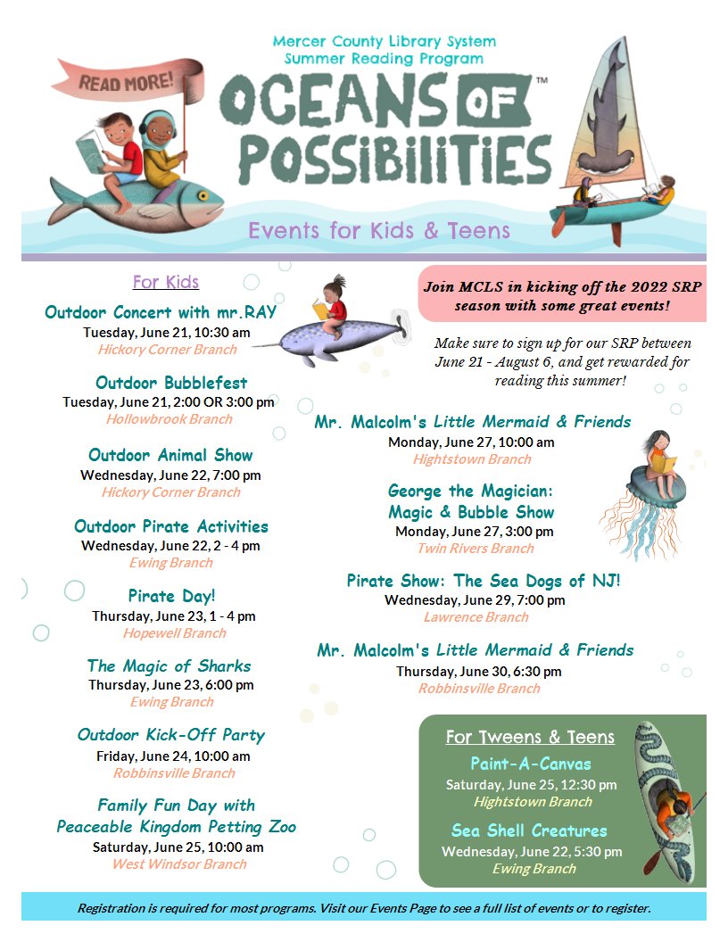 mclsnj's tweet photo. Kick-off the 2022 Summer Reading Program, "Oceans of Possibilities", by joining us for some very awesome events that we have planned!
Find these and MANY more programs on our Events Page: https://t.co/YB5eypVQHX
#njlibraries #mercercountynj #ilovelibrariesnj #thingstodonj https://t.co/HFYwV1OEjy