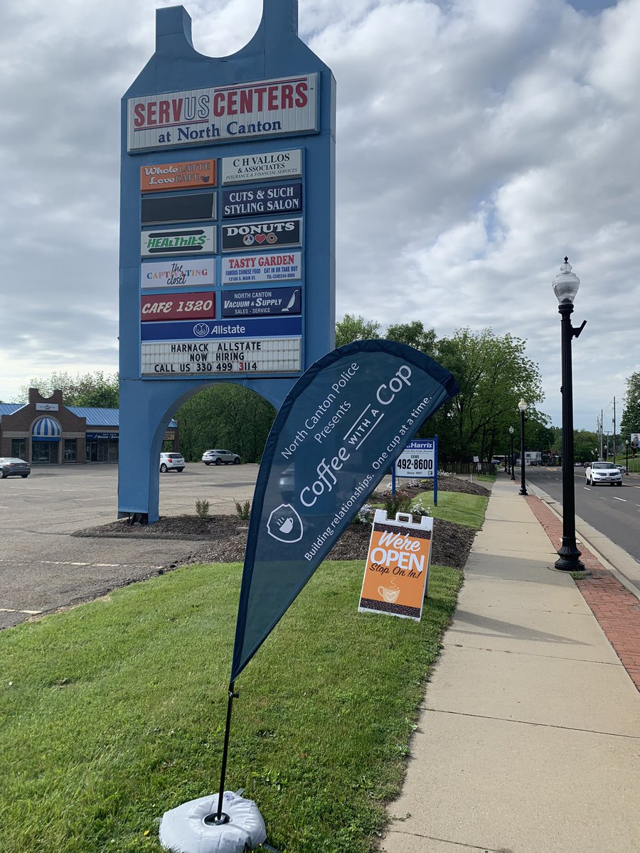 NorthCantonPD's tweet photo. Coffee with a Cop is underway, come on out and chat with Chief Kemp and Sgt. Buzzard at Whole Latte Love Cafe https://t.co/VWII5w9f2O