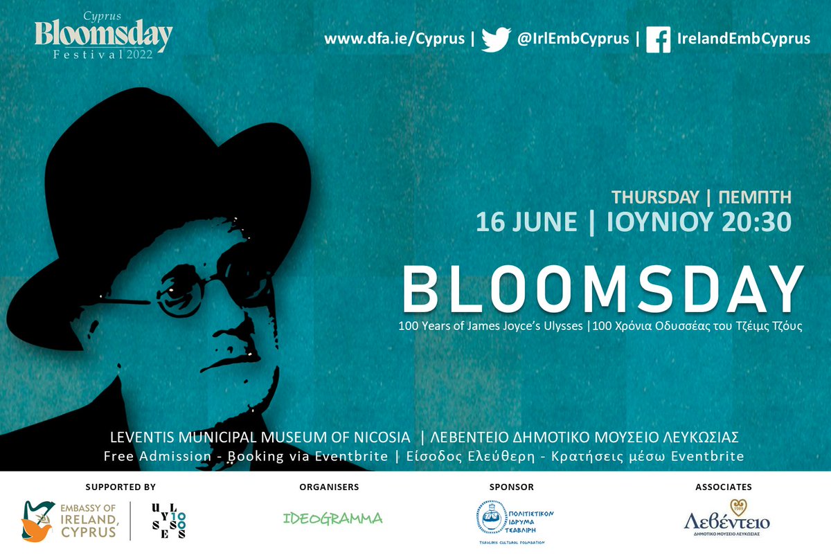 IrlEmbCyprus's tweet photo. We are delighted to announce our first #Bloomsday event, in collaboration with #Ideogramma, as part of the Embassy's #CyprusBloomsdayFestival2022 programme. 
More events to be announced soon!  🎩📘🥂

Register for free 🎟️👇
https://t.co/bMyTMJBxAC https://t.co/saku0OrNXp
