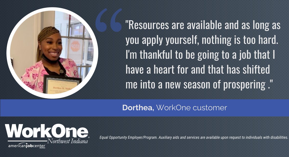 WorkOne_NWI's tweet photo. #WorkOneNWISuccess
Feeling like she had much more to give, Dorthea decided to come to WorkOne to find out if that could be her first step towards a new career in healthcare.
Read her full story here: https://t.co/zf8cpiGW5i https://t.co/uYkEMoj2ok