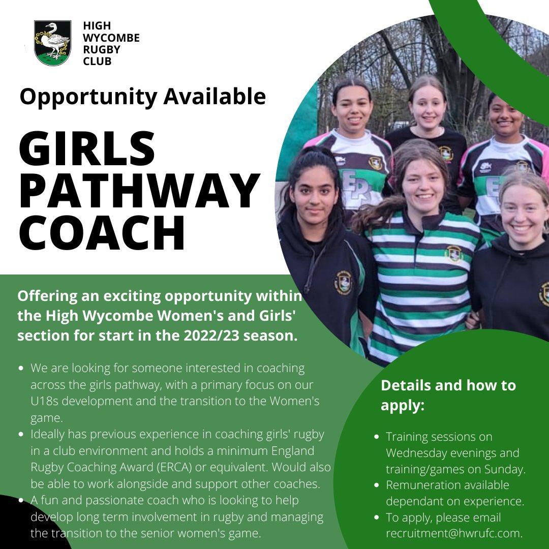 High Wycombe Rugby Club (ENG) have two roles available:

U18 Girls Head Coach
U16 Pathway Coach

Both part-time, remuneration dependent on experience. 

To apply contact recruitment@hwrufc.com.

#rugbyvacancies #rugby