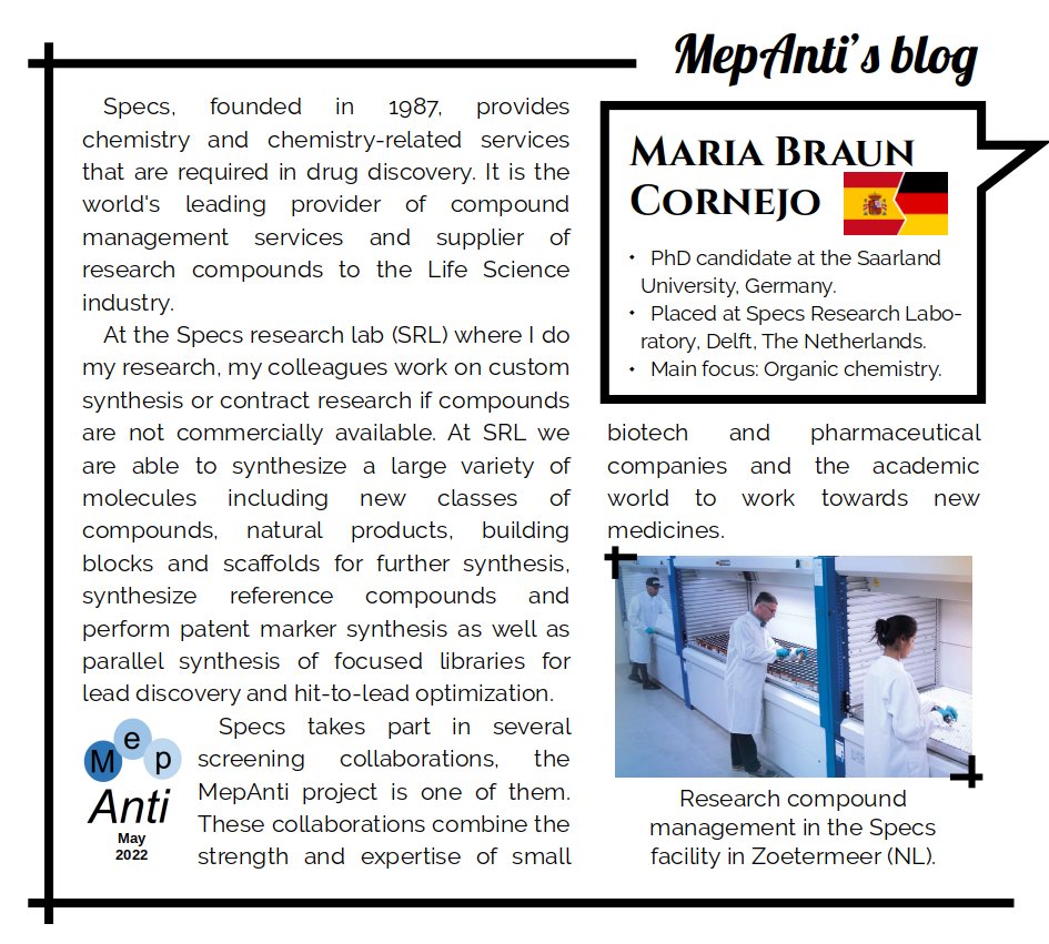 Concluding her participation in our blog this year, our doctoral student Maria tells us about Specs and the research lab she is a part of.
#MepAntiBlog #Chemistry #DrugDiscovery #CustomSynthesis #FocusedLibrary #Specs #MepAnti_ITN