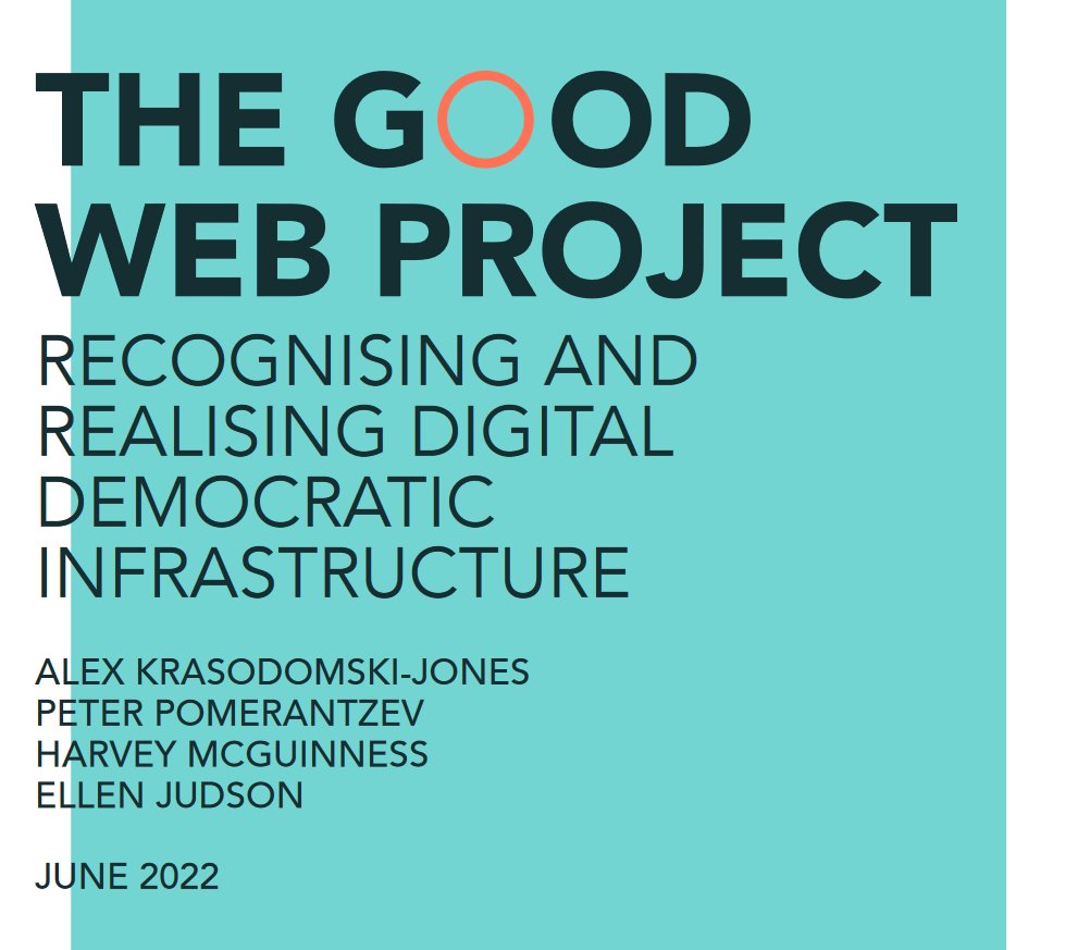 🚨Super excited to finally share The Good Web Project, a pandemic-long bit of work with <a href="/peterpomeranzev/">peter pomerantsev</a>. It's our shot at answering one question about the Internet -  𝑤ℎ𝑎𝑡 𝑑𝑜𝑒𝑠 𝑔𝑜𝑜𝑑 𝑙𝑜𝑜𝑘 𝑙𝑖𝑘𝑒? Half-fittingly, it's also my last paper after 7 years at <a href="/Demos/">Demos</a>.