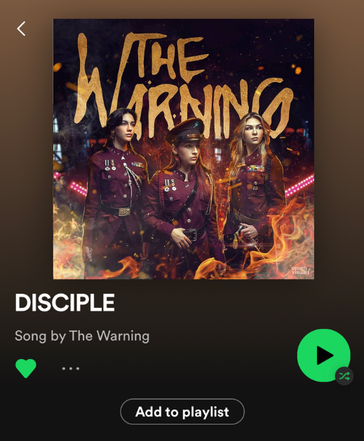 TheWarningAust's tweet photo. The Warning - Disciple on @Spotify add it to your playlist & share it with friends today
#TheWarning #TheWarningBand #TheWarningDisciple #WomenThatRock #RockMusic #NewMusic #Playlist #Spotify
π§ Stream Now: https://t.co/Ro0g3L59bO https://t.co/NxmJOgcuMi