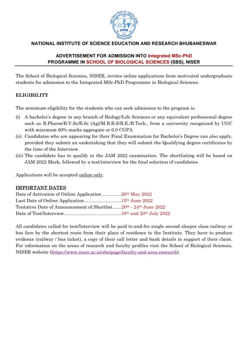 NISER Bhubaneswar (@niserbbs) on Twitter photo The School of Biological Sciences, NISER, invites online applications from motivated undergraduate
students for admission to the Integrated MSc-PhD Programme in Biological Sciences.
Apply ONLINE by 15th June 2022.
For more details visit:- niser.ac.in/notices/2022/a…
<a href="/SBSNISER/">SBS, NISER</a> The School of Biological Sciences, NISER, invites online applications from motivated undergraduate
students for admission to the Integrated MSc-PhD Programme in Biological Sciences.
Apply ONLINE by 15th June 2022.
For more details visit:- niser.ac.in/notices/2022/a…
<a href="/SBSNISER/">SBS, NISER</a>