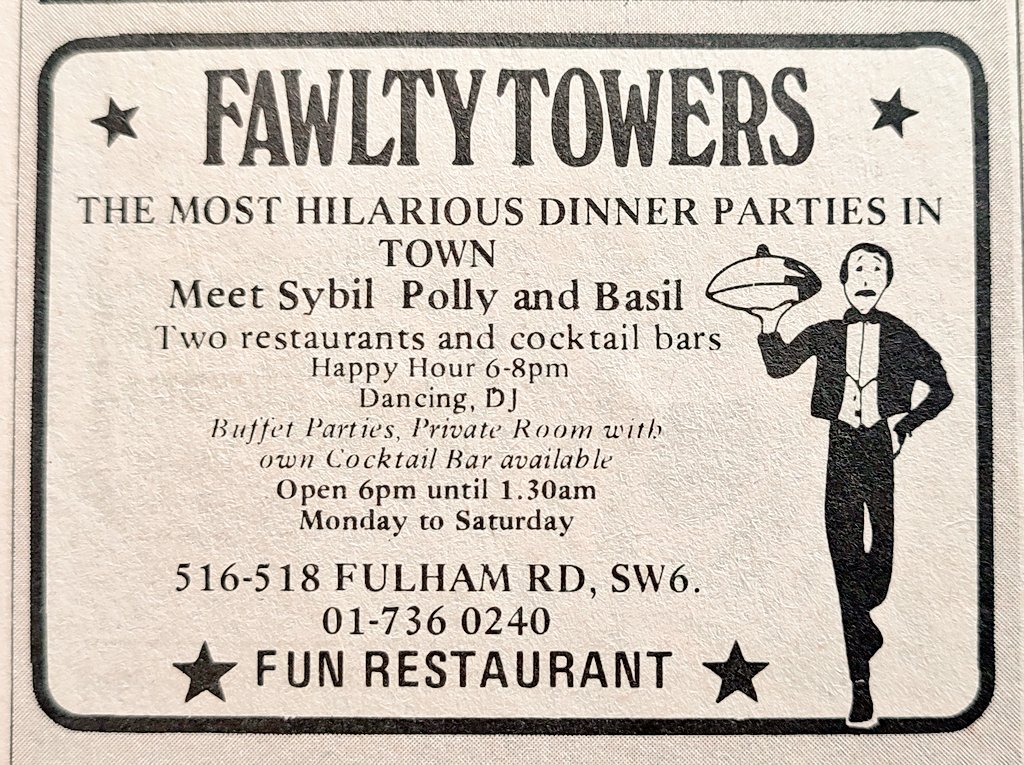 Fawlty Towers dinner parties. Fulham road, London 1983 #londonhistory #fulhamroad #london #fawltytowers