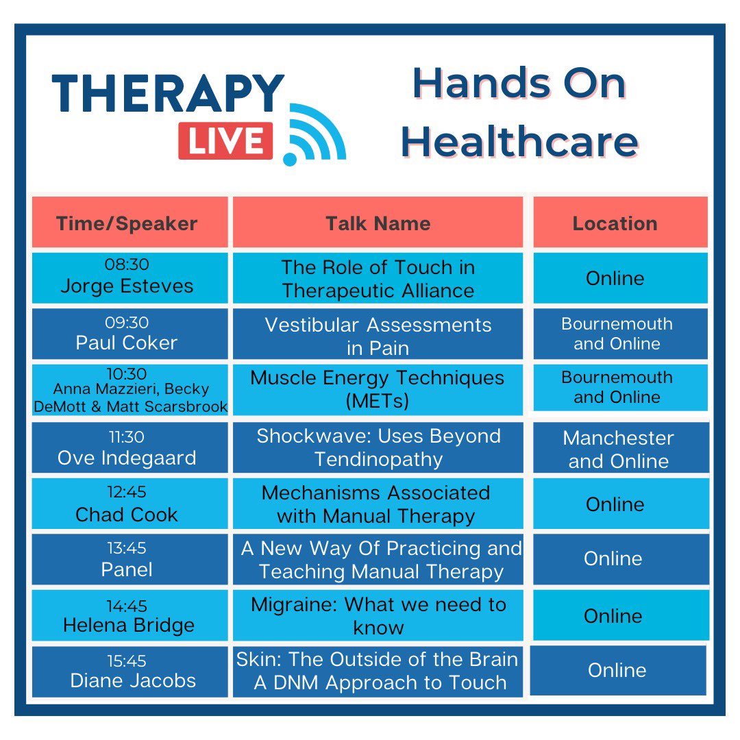 am_mazzieri's tweet photo. So excited for @TheMassageTS collab with @TPMPodcast and #TherapyLive team to create a whole stream on #HandsonHealthcare.
Thinkers, researchers, educators and clinicians across the professions to discuss theories, evidence, applications and teaching practises in MT. https://t.co/JmJfZBwPZH