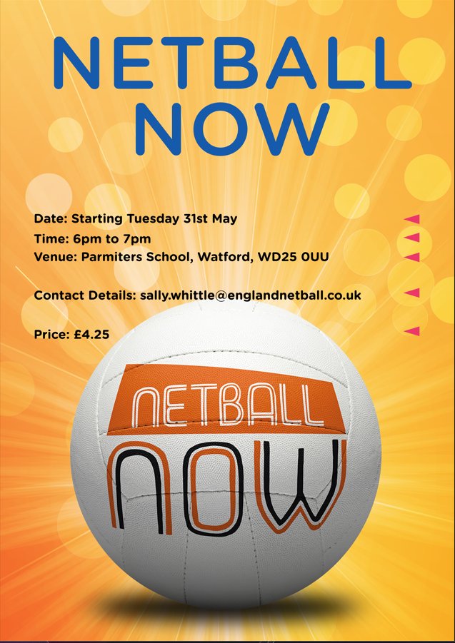 New Netball Now starting next week at Parmiters School!! 
Starting Tuesday 31st May from 6-7pm