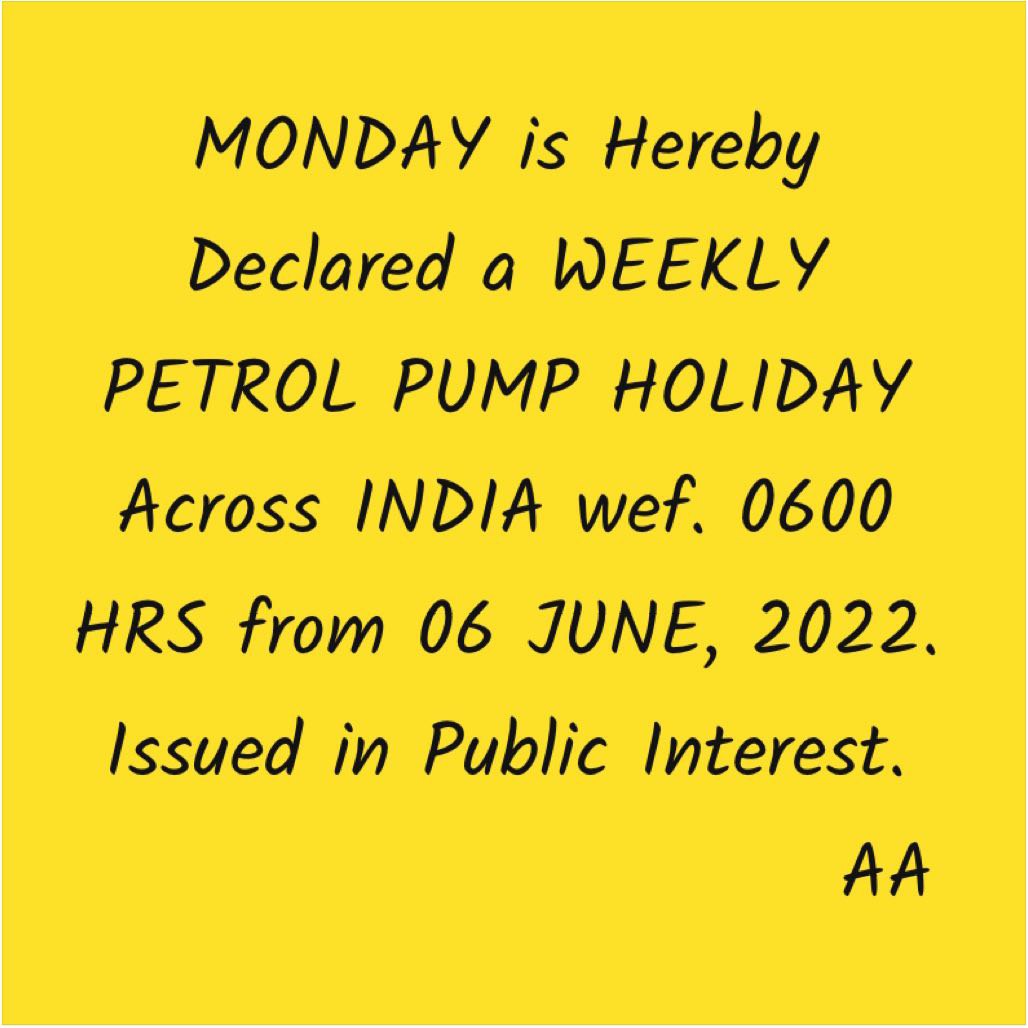 EPDFIndia's tweet photo. @IndianOilcl @HPCL @BPCLimited Given your continued needless ignorance of the Plight of our Petroleum Retail Outlet Dealers Pan India, @empoweringdlrs hereby declares each Monday, a Weekly Petrol Pump Holiday wef. 0600 HRS from 06-06-2022 to Preserve Precious Capital Employed! https://t.co/Rrfaag2DRl
