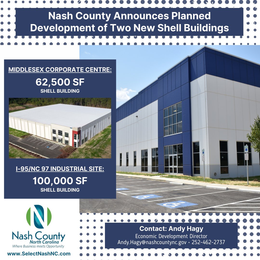 Earlier this week, Nash County Commissioners committed to the funding and development of two new industrial shell buildings, one at the I-95 Hwy 97 Industrial Site and another at the Middlesex Corporate Centre. For more information visit: selectnashnc.com/news-media/