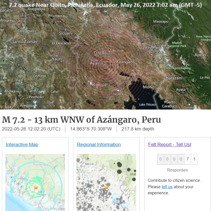 Today, the #USGS reported a M 7.2 #quake in #Peru near #Ayaviri, Provincia de #Melgar, #Puno. The #earthquake hit at 217,8 km in depth 

#GlobalCrisis #disaster #Azangaro <a href="/volcanodiscover/">VolcanoDiscovery</a>