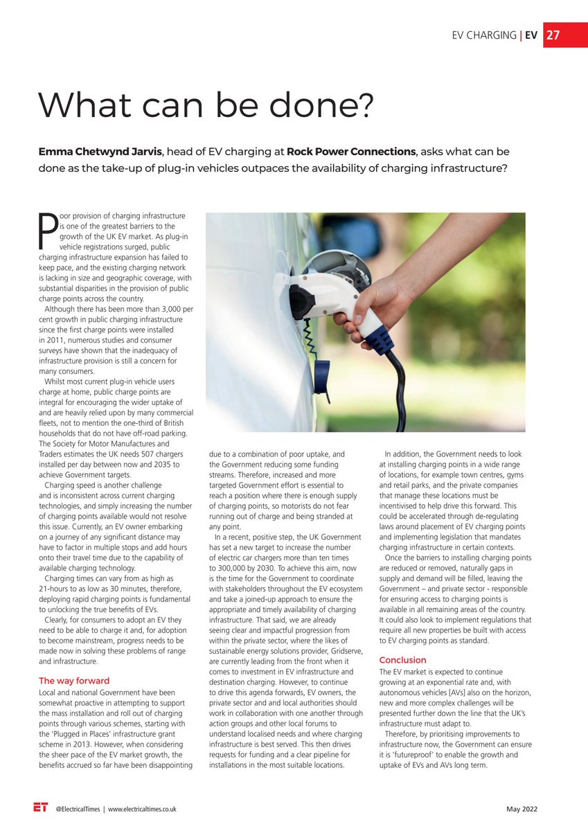 Thank you to <a href="/ElectricalTimes/">Electrical Times</a> for featuring Rock Power Connection's latest article by Head of EV Charging, Emma, which outlines what can be done to help drive necessary infrastructure rollout to keep up with the uptake of #ElectricVehicles.