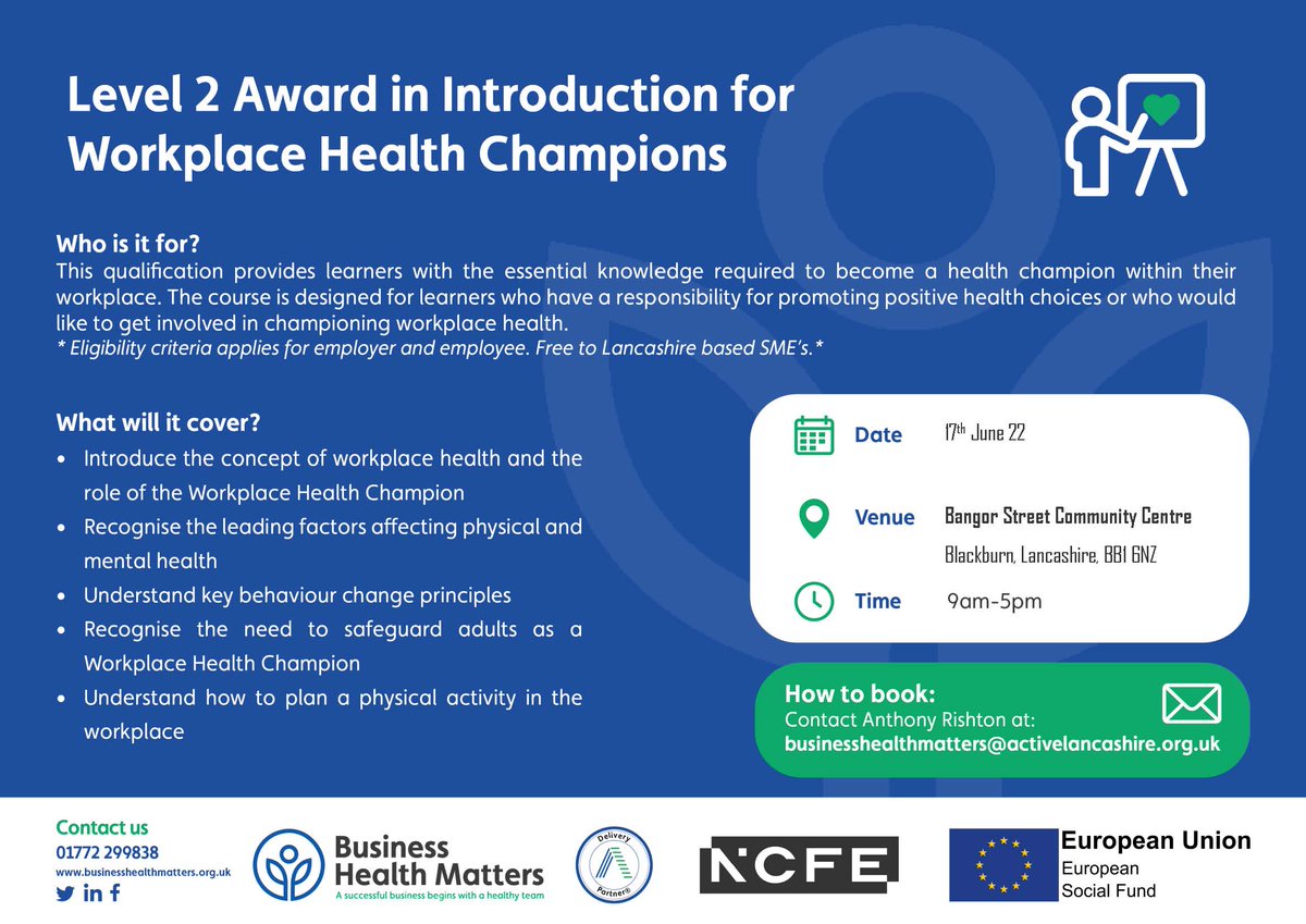 The Health Champion training is free to all small and medium enterprises. If you are interested in booking on for the training, email champions@activelancashire.org.uk.