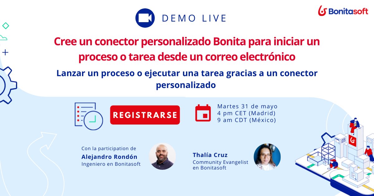 bonitasoft's tweet photo. [📹 En vivo]
Iniciar un #proceso con un correo - cómo extraer la información de un correo electrónico para ejecutar tareas en #Bonita 
y cómo utilizar un #ConectorPersonalizado en Bonita 🤔
¡Únase a esta sesión técnica de 25 minutos! Inscripciones aquí 👇
https://t.co/cukaA8BxGw https://t.co/1KkSEgfuuR