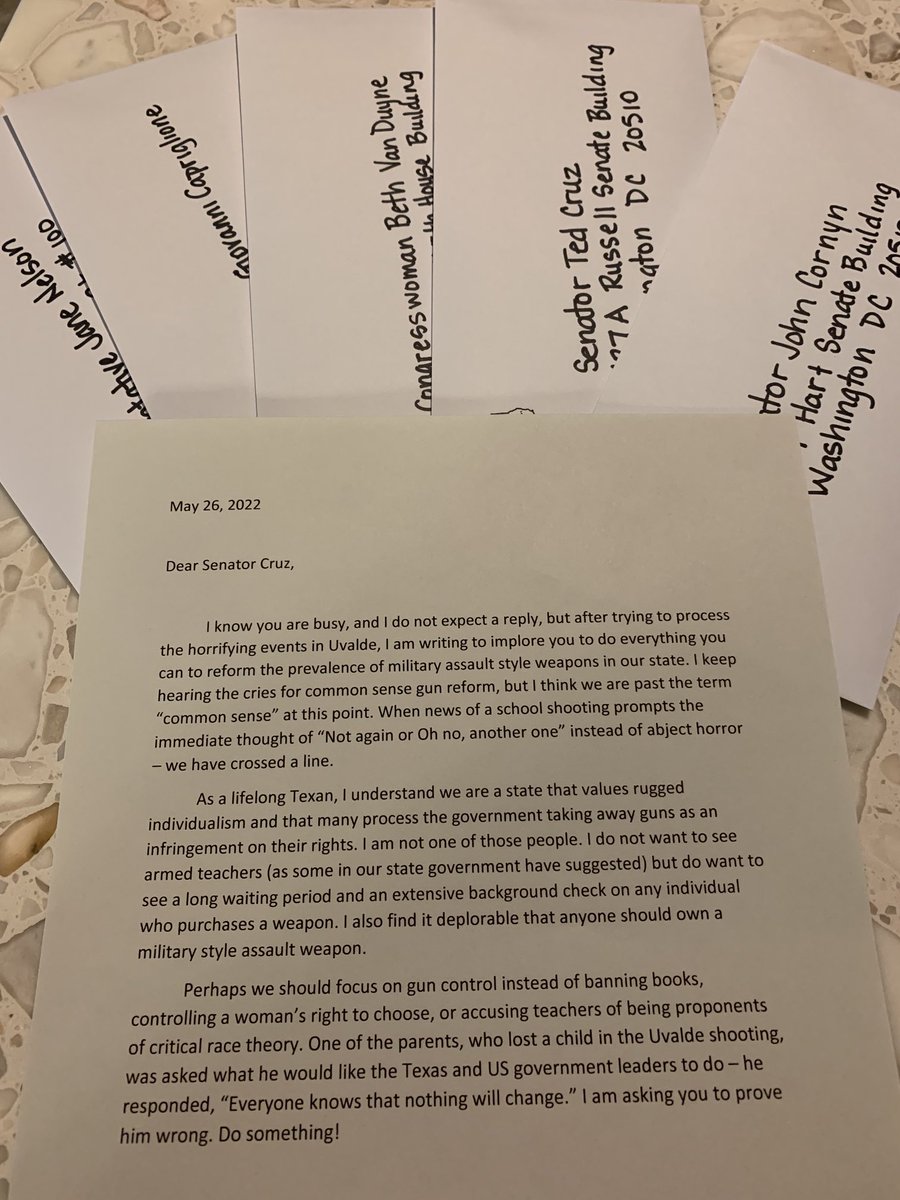 bakintas's tweet photo. Letters written and ready to mail. Next - donations to gun control candidates. #guncontrol #Uvalde #dosomething https://t.co/Po5oCwmJsP