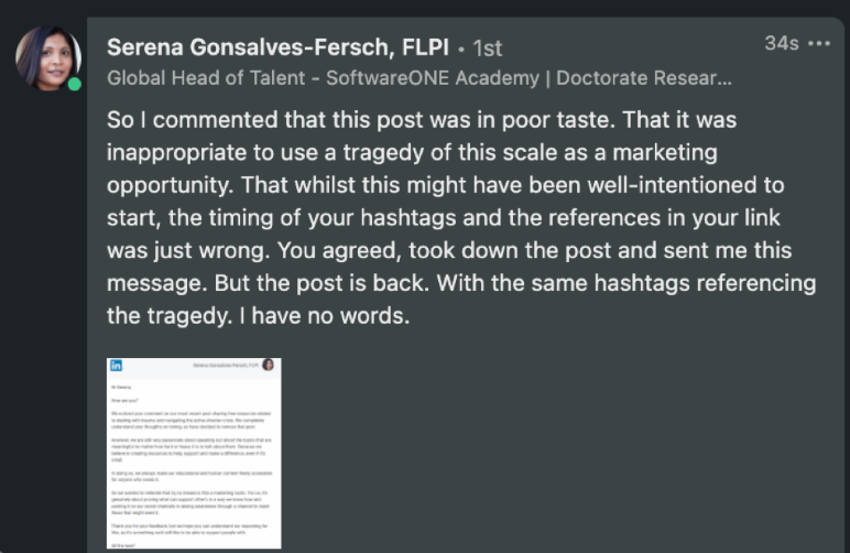 SerenaGFersch's tweet photo. @badlearning a fine eg. Pic 1. @THRIVEwithus_ put up inappropriate post using tragedy as an opportunity to market themselves Pic 2. I called them out, they took down the post, head of marketing sent me a pvt msg Pic 3. They put the post back up! 1/3 https://t.co/NsV3h6cDz8