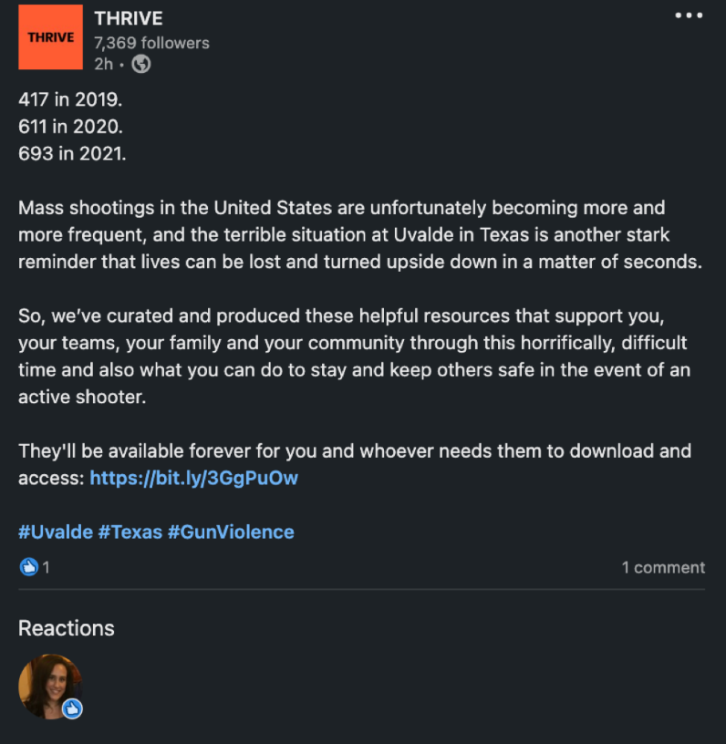 SerenaGFersch's tweet photo. @badlearning a fine eg. Pic 1. @THRIVEwithus_ put up inappropriate post using tragedy as an opportunity to market themselves Pic 2. I called them out, they took down the post, head of marketing sent me a pvt msg Pic 3. They put the post back up! 1/3 https://t.co/NsV3h6cDz8