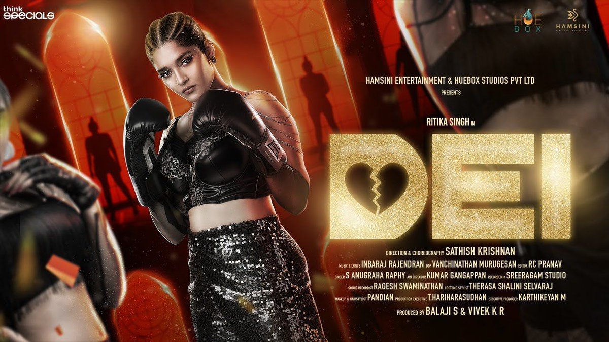 The wait is over #Dei music video featuring the stunning <a href="/ritika_offl/">Ritika Singh</a> is OUT NOW!!!! 🖤🎶🎉

▶️ youtu.be/XYDXD9gcJQQ

<a href="/dancersatz/">Sathish krishnan</a> <a href="/InbaMusic/">Inbaraj Rajendran</a>  @vanchijackson <a href="/vivek4kr/">Vivek Ravichandran</a> <a href="/Hamsinient/">Hamsini Entertainment</a> @HueboxS <a href="/DoneChannel1/">Done Channel</a> #ThinkSpecials