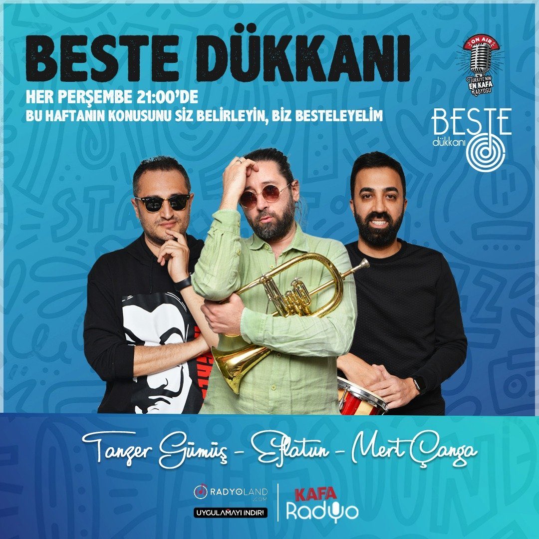 Beste Dükkanı her perşembe 21:00’de Kafa Radyo’da. 📻

• Bu haftanın konusunu sen belirle, Twitter üzerinden #BesteDükkanı hastagiyle <a href="/bestedukkani/">Beste Dükkanı</a> hesabını etiketleyip şarkı sözünü yaz, canlı yayında bestelensin. 🎤 🎼

#KafaRadyo <a href="/tanzergumus/">ömerg</a> <a href="/Efla_tun/">Eflatun Official</a> <a href="/MertCanga/">Mert Çanga</a>