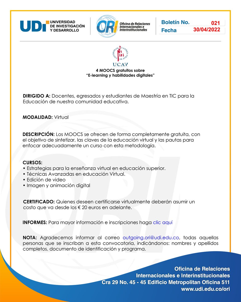 InfoUDI's tweet photo. #ComunicadoORI I Invitamos a nuestros docentes, egresados y estudiantes de Maestría en TIC para la Educación, a participar de los 4 MOOCS gratuitos sobre “E-learning y habilidades digitales”🤓
Para mayor información ingresa en 👉 https://t.co/DPgM3ORzkA https://t.co/uD5HuhF4om