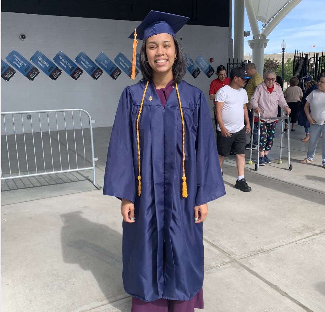 CprepHarlem's tweet photo. Today, Jania becomes the first #cprepharlem scholar to receive her Associate Degree in Journalism & Communications from @HCCBridgeport before obtaining her High School Diploma! Keep striving for excellence in all that you do, Jania! #wearecollegebound @CPREP4Life @DrStevePerry https://t.co/oLgUVkI4fa