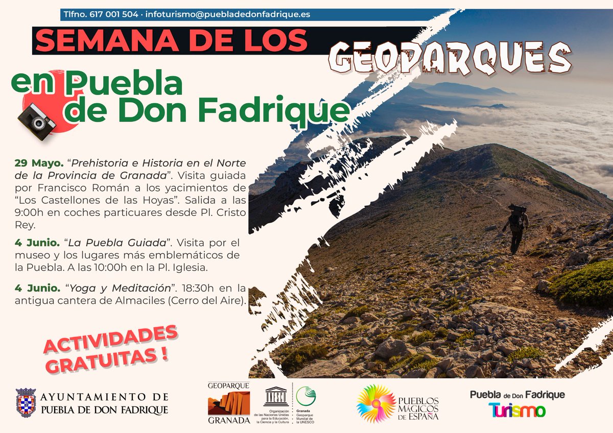 TurismoPuebla1's tweet photo. En #PuebladeDonFadrique y #Almaciles celebramos la #VISemanadelosGeoparques con estas tres actividades. #Paisaje🏞🌲, #patrimonio🏛️⏳🏺y #armonía💆🏻‍♀️💆🏻 a vuestro alcance en la zona norte del @GranadaGeopark.
¡Os esperamos! 😉🙋🏻‍♀️

@AytoPueblaDFadr @marianogcpuebla https://t.co/SlnthrxHHf